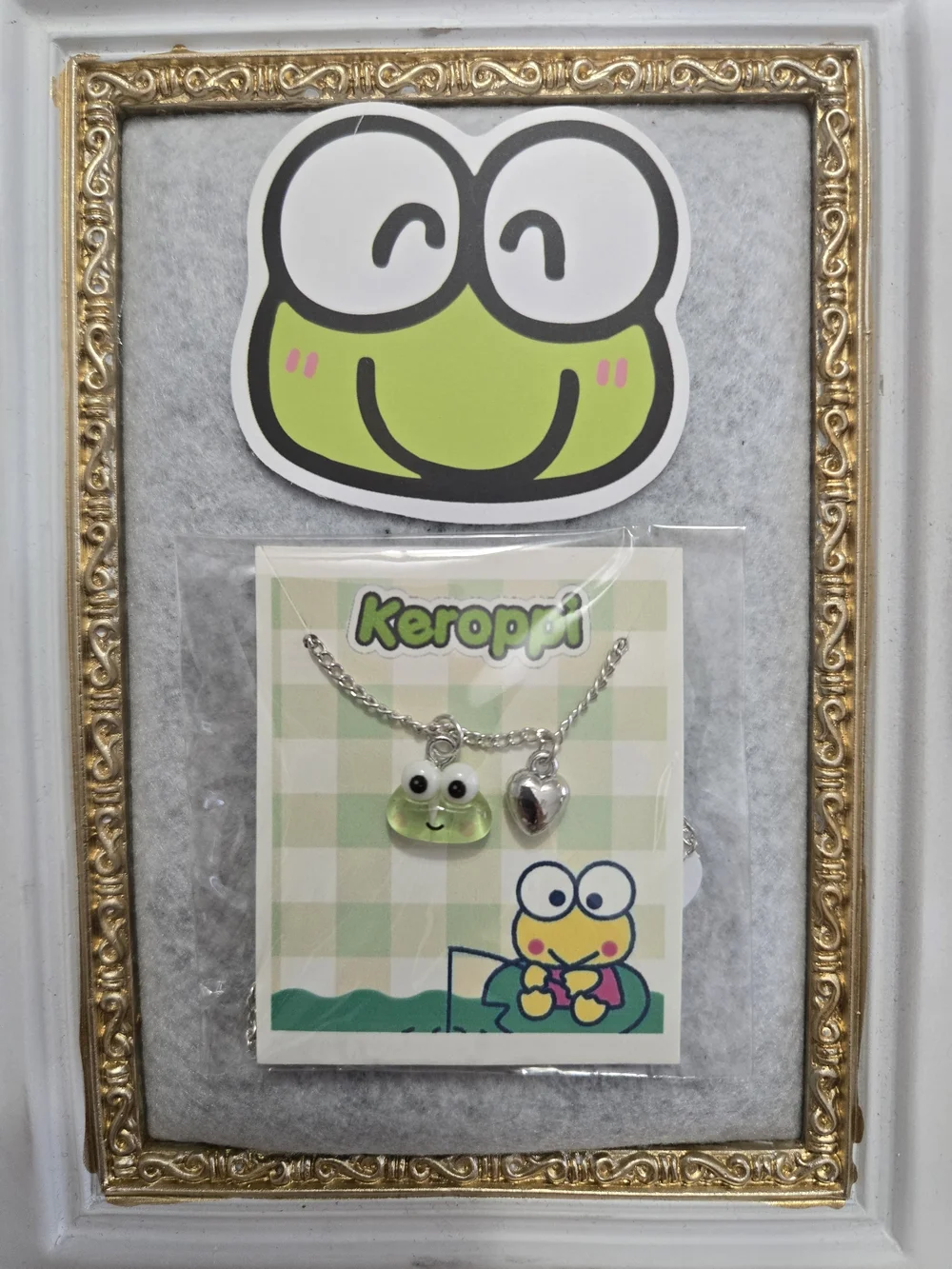 Keroppi Frog Sticker & Pendant Necklace Set with Heart Charm